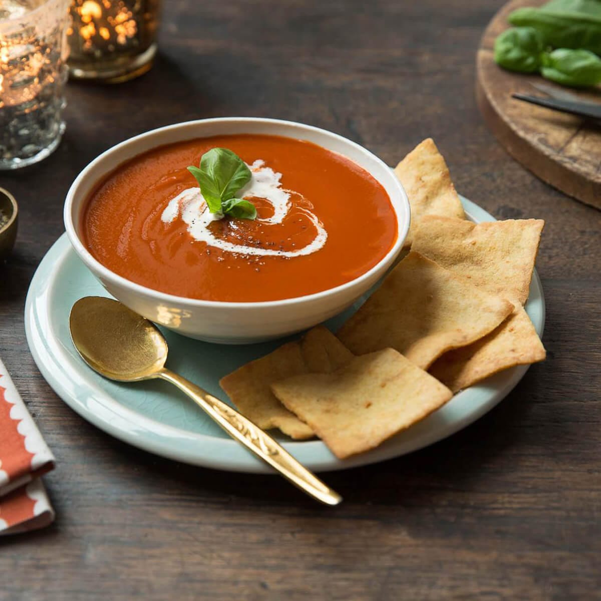 Toasted Cheddar Pita Chips & Tomato Soup