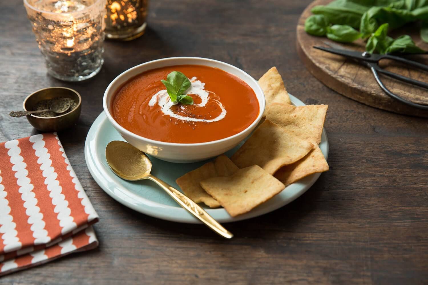 Tomato soup with Stacy’s® Toasted Cheddar Pita Chips