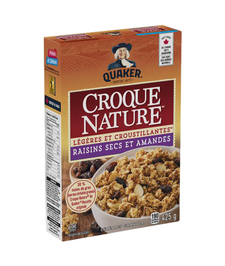 Quaker® Céréales granola Croque Nature<sup>_MC_</sup> Légères et croustillantesMC Raisins secs et amandes