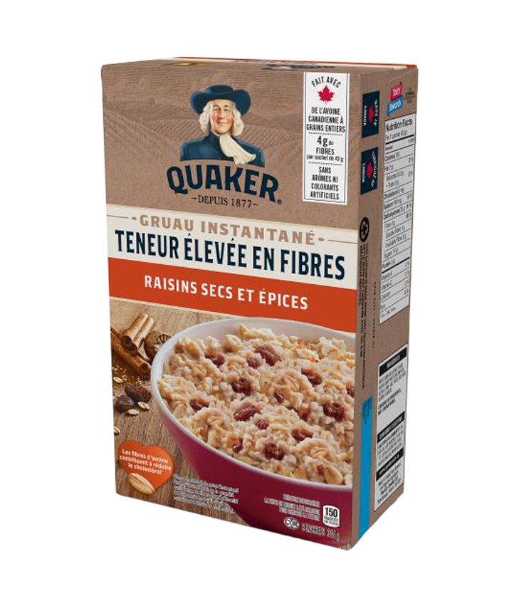 Gruau instantané Quaker<sup>®</sup> Teneur élevée en fibres – Raisins secs et épices