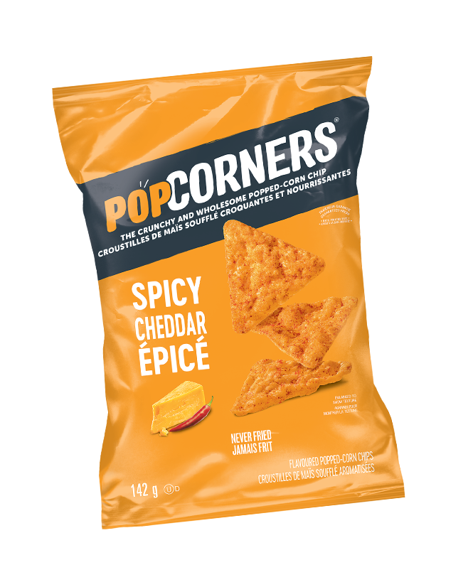 <span>POPCORNERS<sup>®</sup></span> <span>Spicy Cheddar</span> FLAVOURED POPPED-CORN CHIPS