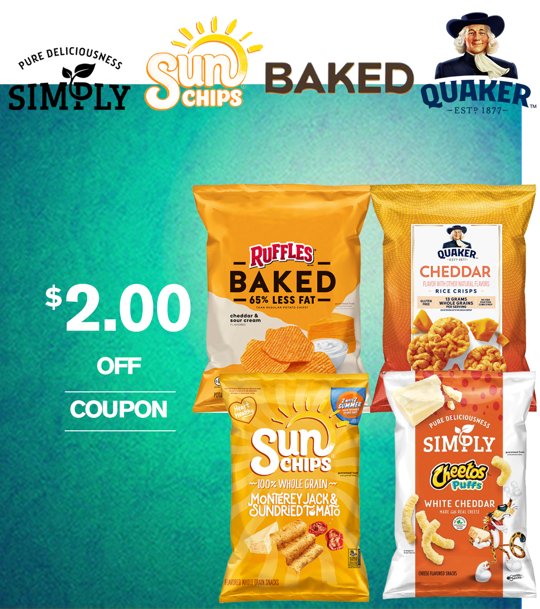 Save $2.00 Quaker, Sunchips, Simply, or Baked