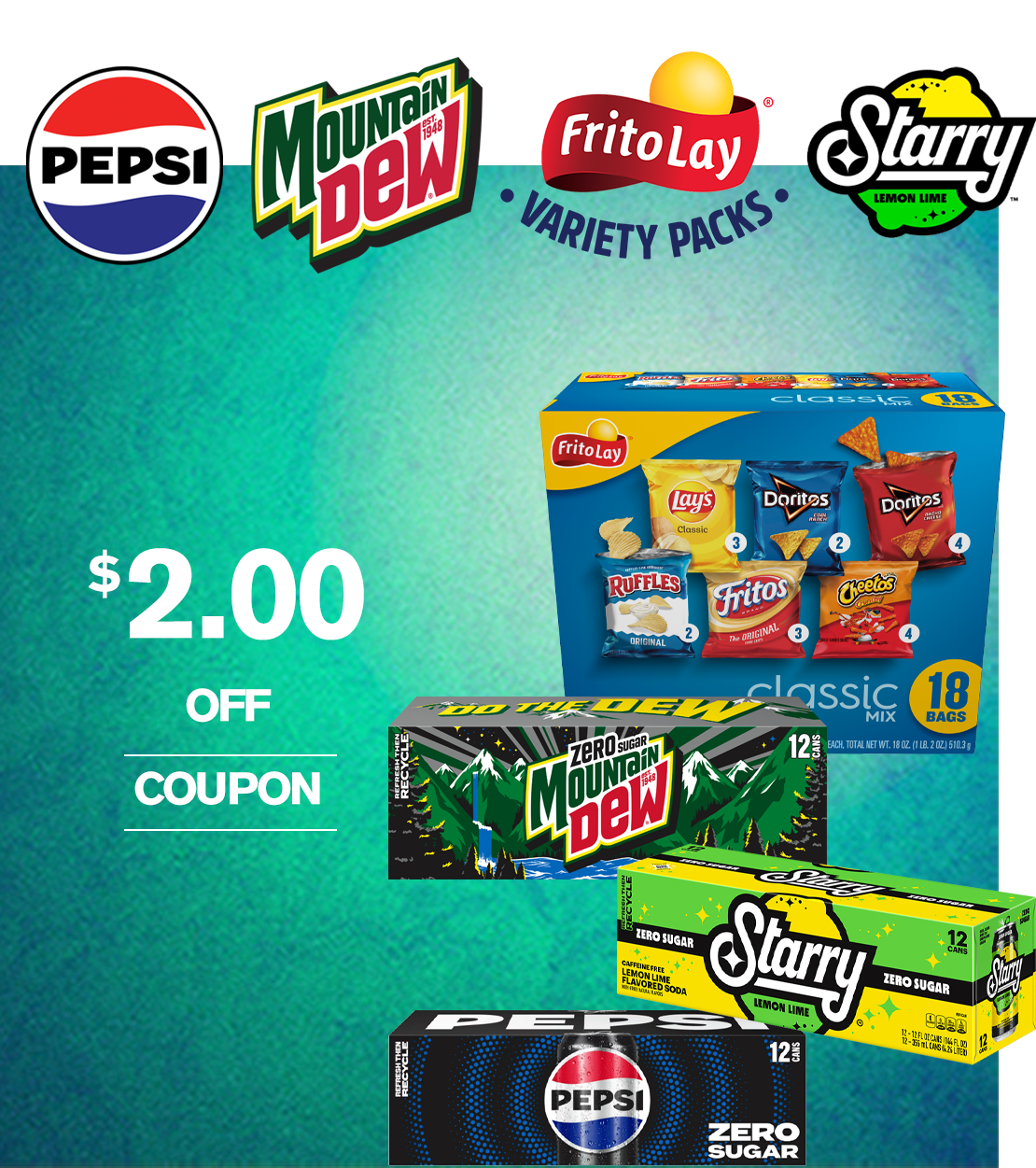 Save $2.00 off Frito Lay Variety Packs, Mountain Dew, Starry, and Pepsi - ES