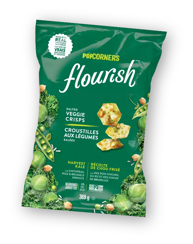 POPCORNERS FLOURISH<sup>TM</sup></span> <span>Salted Veggie Crisps </span> HARVEST KALE WITH CHICKPEAS, RICE & BRUSSELS SPROUTS