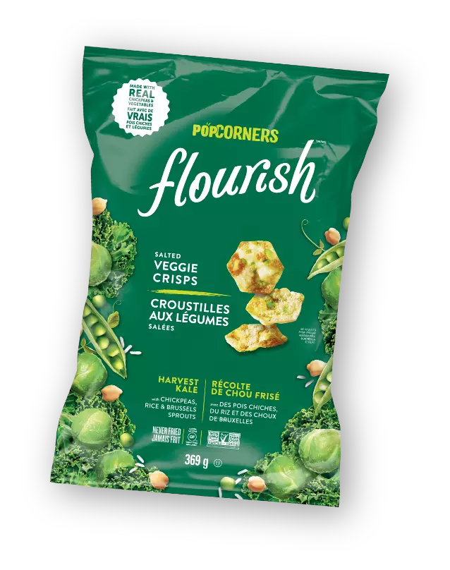 <span></span><span>Croustilles aux légumes salées</span> POPCORNERS FLOURISH<sup>MC</sup> Récolte de chou frisé avec des pois chiches, du riz et des choux de Bruxelles